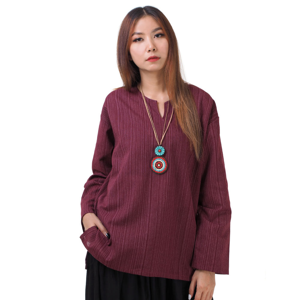 Thai Fisherman Damen Hemd Weinrot mit Nadelstreifen