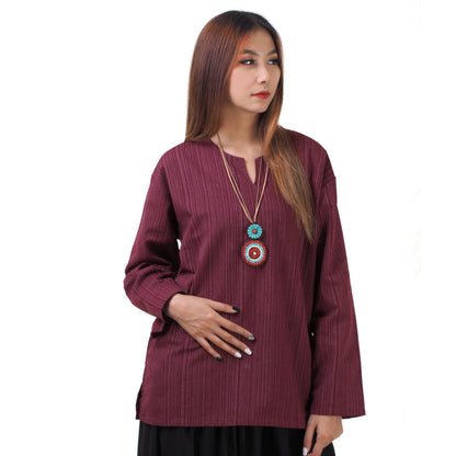 Thai Fisherman Damen Hemd Weinrot mit Nadelstreifen
