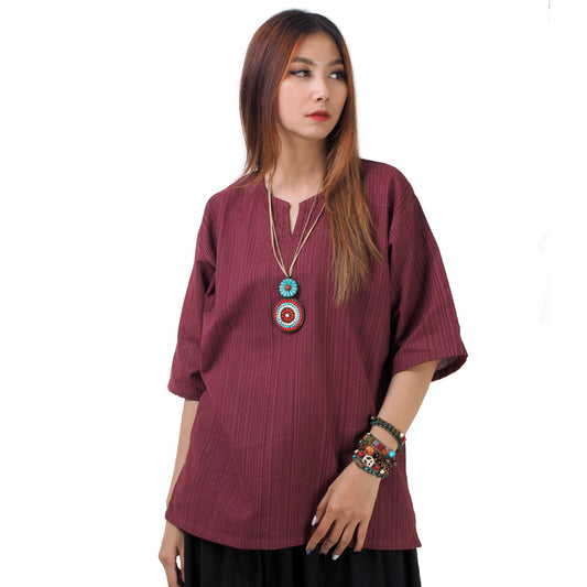 Weinrotes Thai Fisherman Damenshirt mit Nadelstreifen