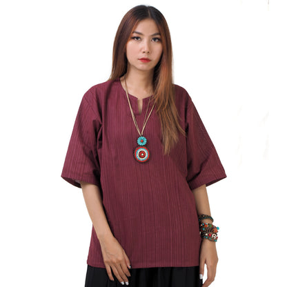 Weinrotes Thai Fisherman Damenshirt mit Nadelstreifen