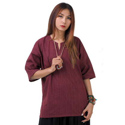 Weinrotes Thai Fisherman Damenshirt mit Nadelstreifen