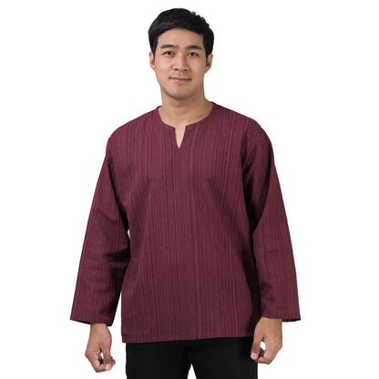 Herren Thai Fisherman Hemd Weinrot mit Nadelstreifen