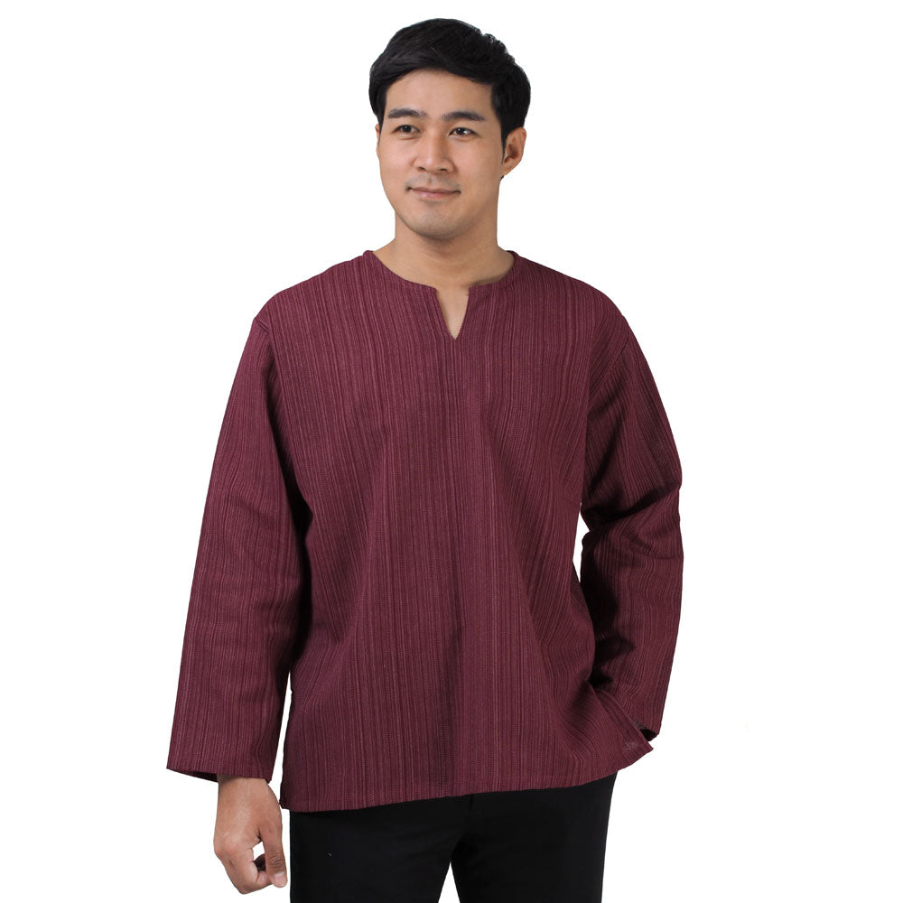 Herren Thai Fisherman Hemd Weinrot mit Nadelstreifen