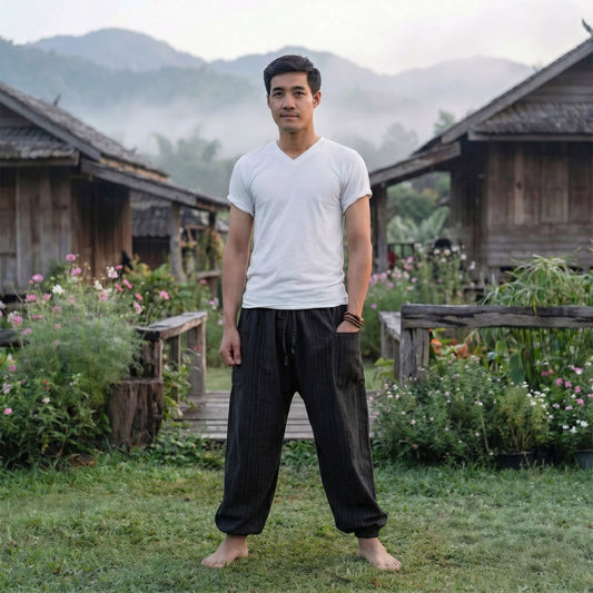 Male model strolling through a park in Midnight Black pinstripe harem pants, combining comfort and style.