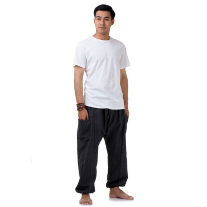 Front view of the Midnight Black Men's Pinstripe Harem Pants, perfect for casual or dressed-up occasions.