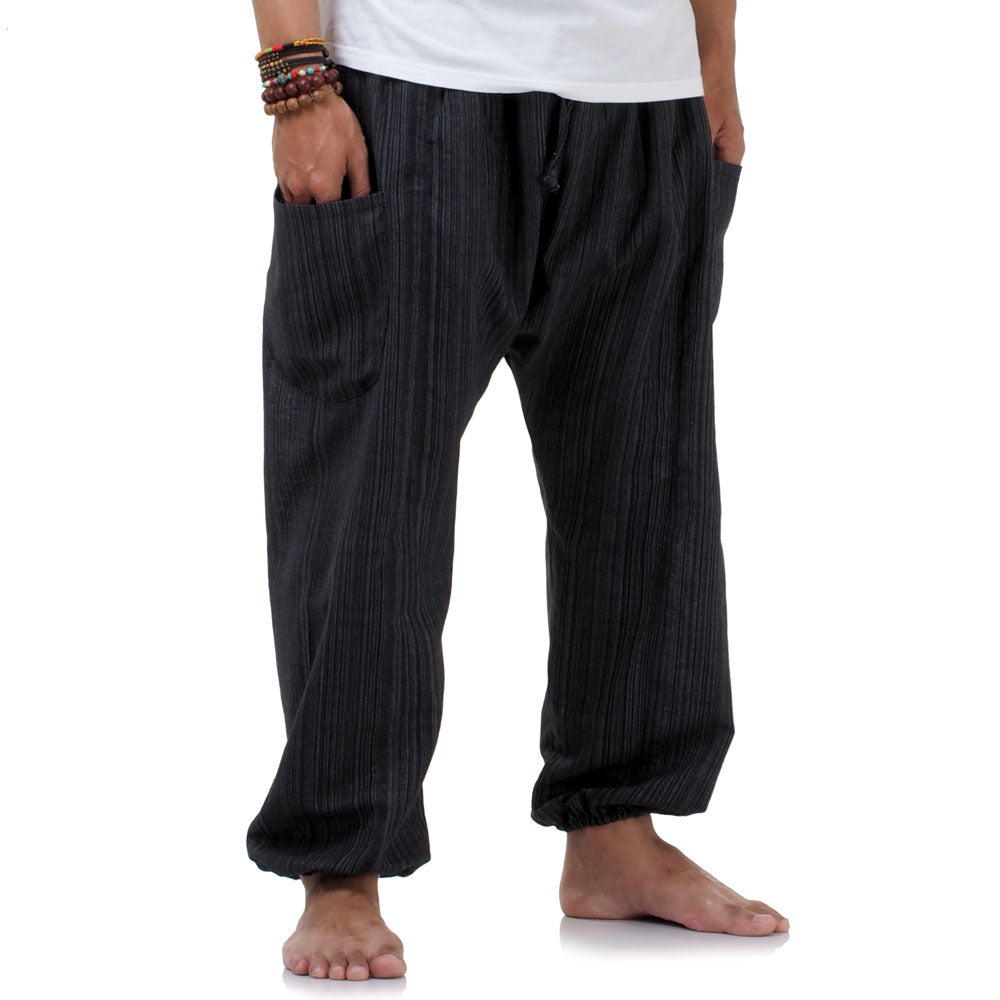 Close-up of the Midnight Black pinstripe pattern on handcrafted sustainable cotton fabric.