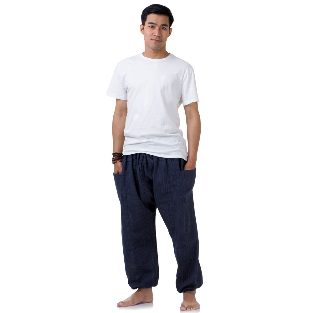 Front view of the Deep Sea Blue Men's Pinstripe Harem Pants, featuring two practical side pockets