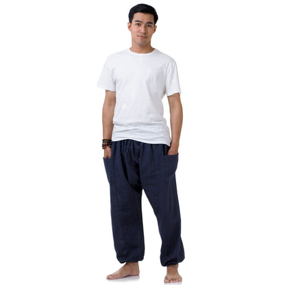 Front view of the Deep Sea Blue Men's Pinstripe Harem Pants, featuring two practical side pockets