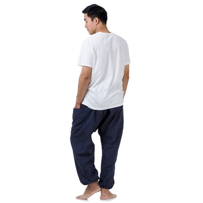 Back view of the Deep Sea Blue pants, highlighting the ethical and mindful craftsmanship.
