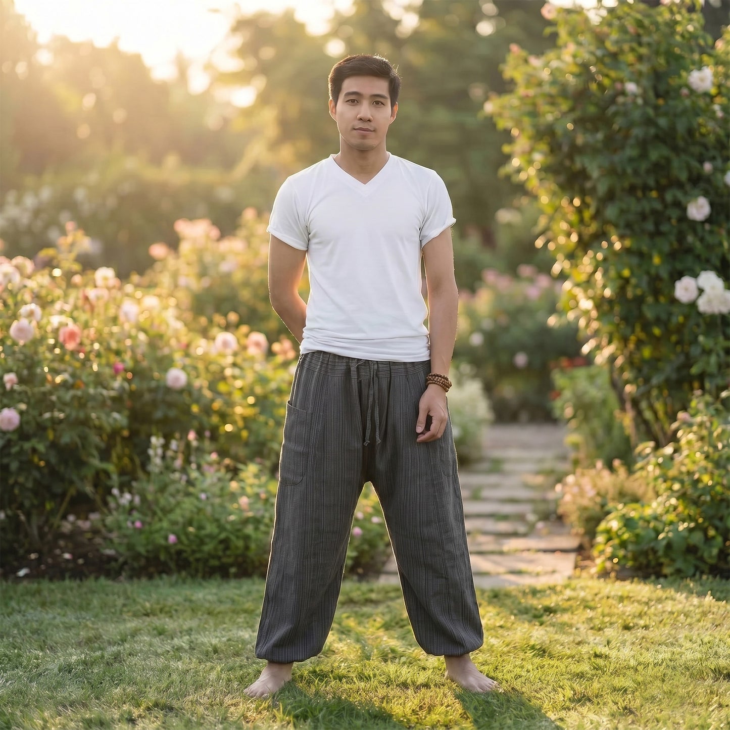 Male model wearing Elephant Gray pinstripe harem pants while relaxing in a green city park.