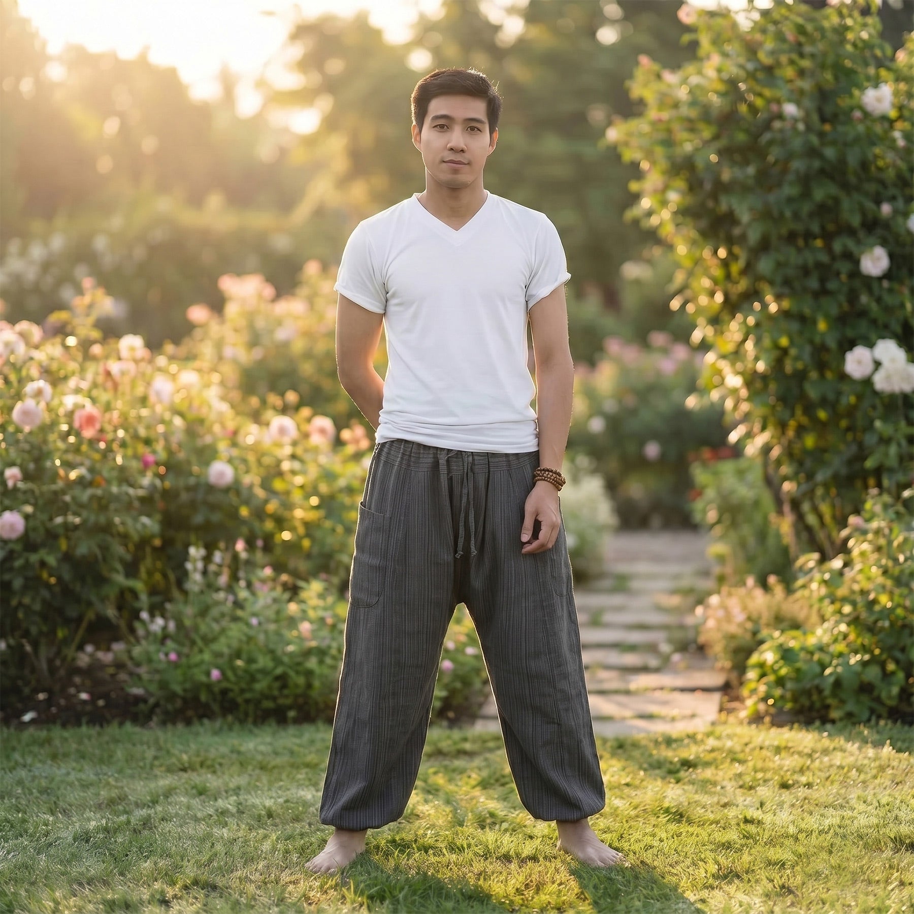 Male model wearing Elephant Gray pinstripe harem pants while relaxing in a green city park.