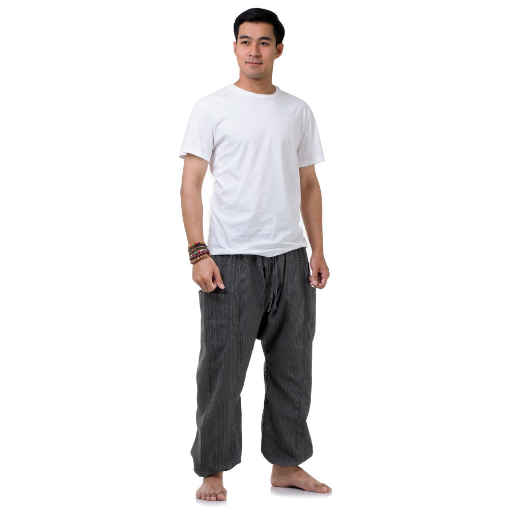 Front view of the Men's Pinstripe Harem Pants Elephant Gray with a comfortable elastic waistband and side pockets.