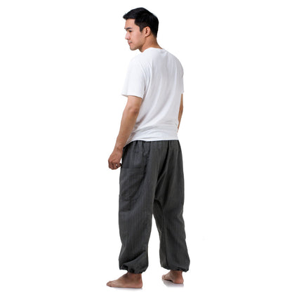 Rear view of the Elephant Gray harem pants, emphasizing the airy fit and freedom of movement.
