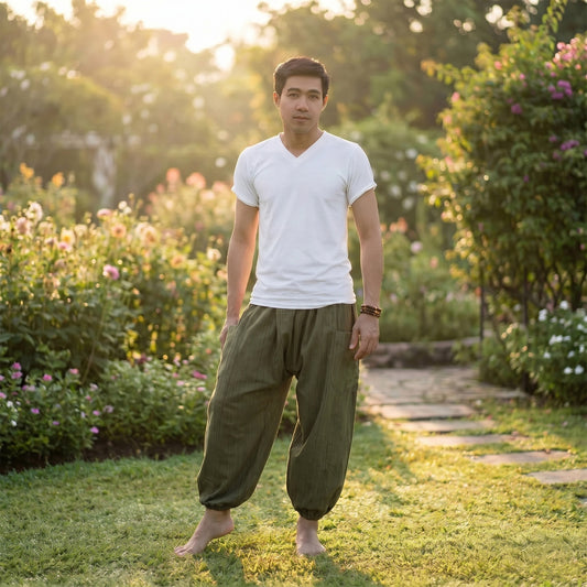 Model wearing Jungle Green pinstripe harem pants in a lush park, perfect for an adventurous look.