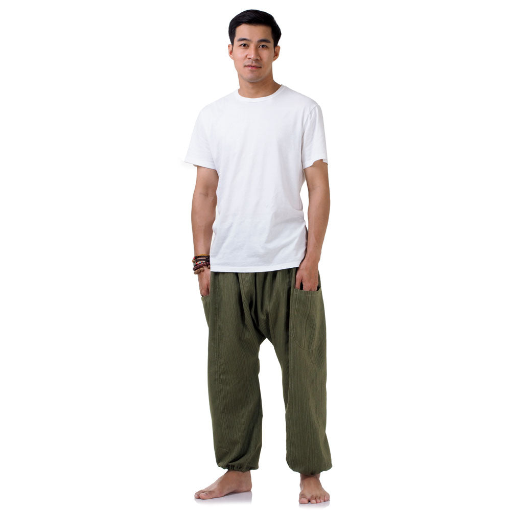 Front view of the Men's Pinstripe Harem Pants Jungle Green, inspired by Thailand's nature.