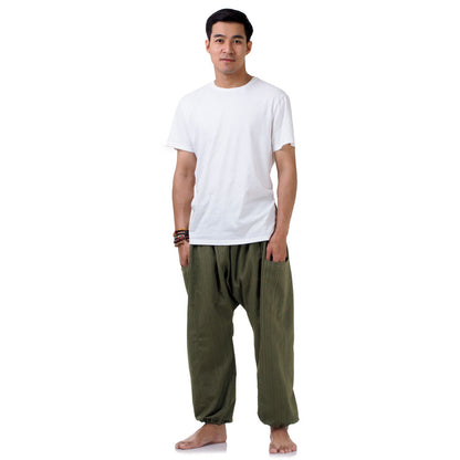 Front view of the Men's Pinstripe Harem Pants Jungle Green, inspired by Thailand's nature.
