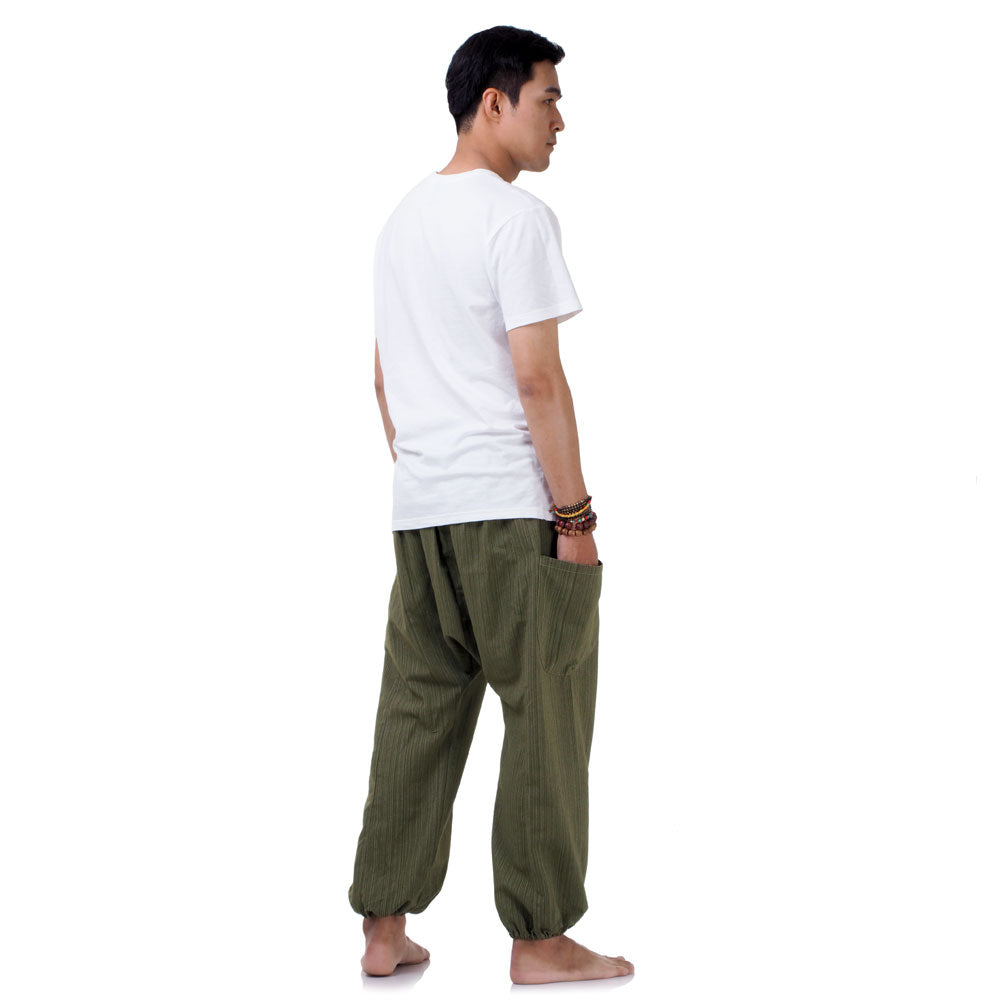 Rear view of the Jungle Green pinstripe pants, a sustainable and ethical fashion choice.