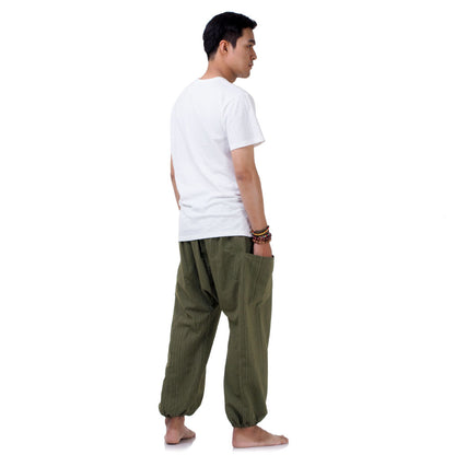 Rear view of the Jungle Green pinstripe pants, a sustainable and ethical fashion choice.