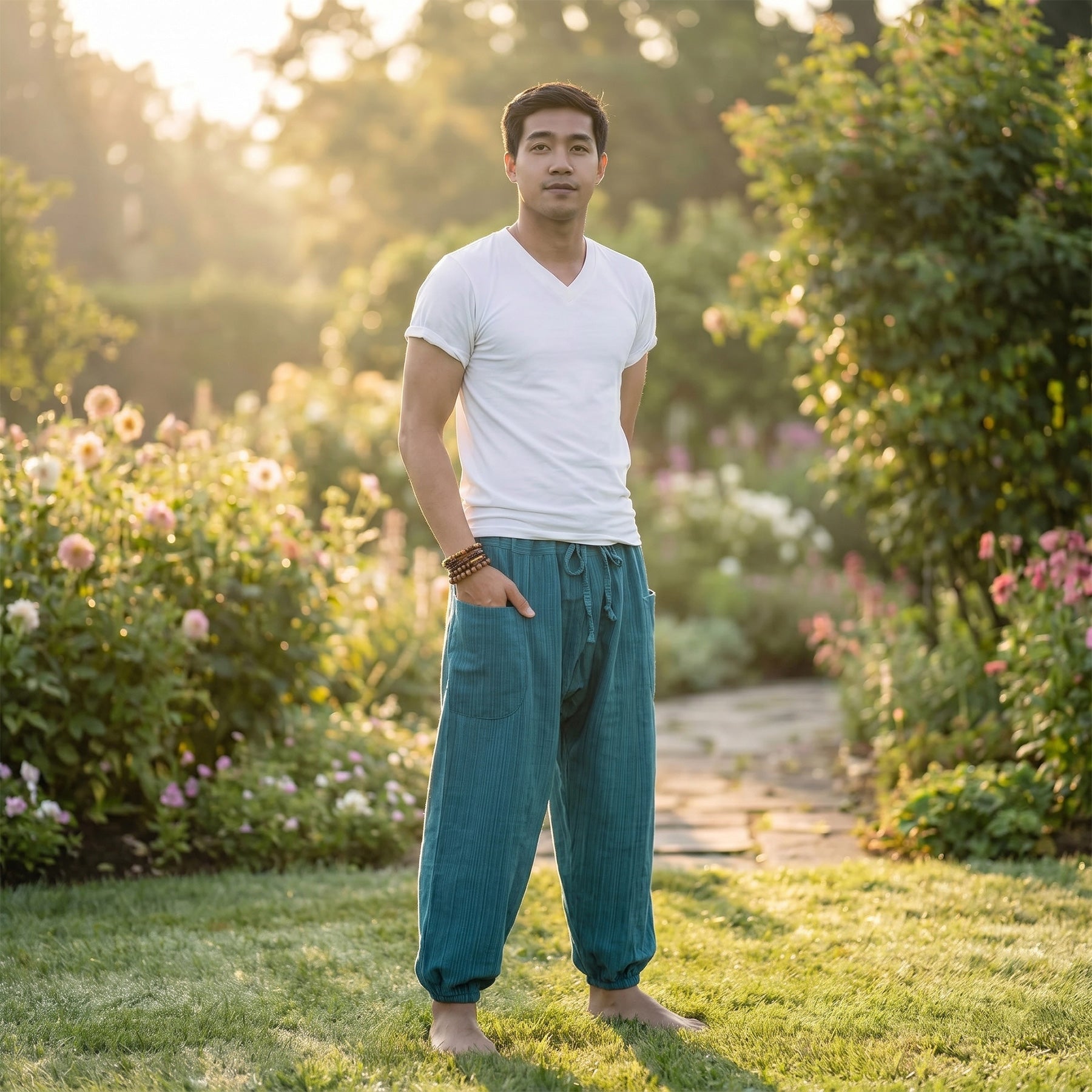 Model wearing Coastal Turquoise pinstripe pants in an outdoor park setting, showcasing the bright summer look.