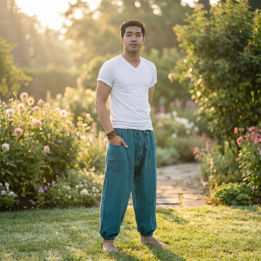 Model wearing Coastal Turquoise pinstripe pants in an outdoor park setting, showcasing the bright summer look.