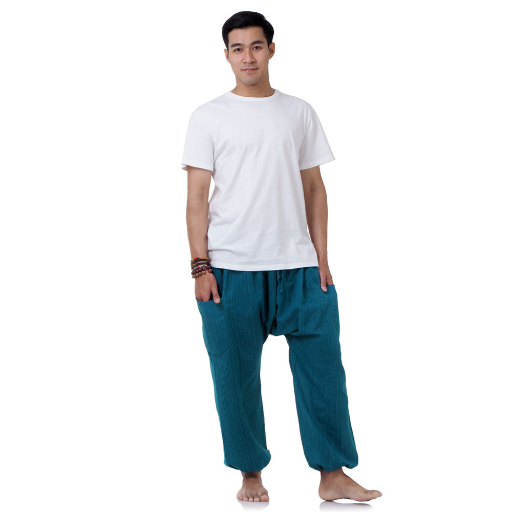 Front view of the Coastal Turquoise Men's Pinstripe Harem Pants in a striking turquoise blue tone.