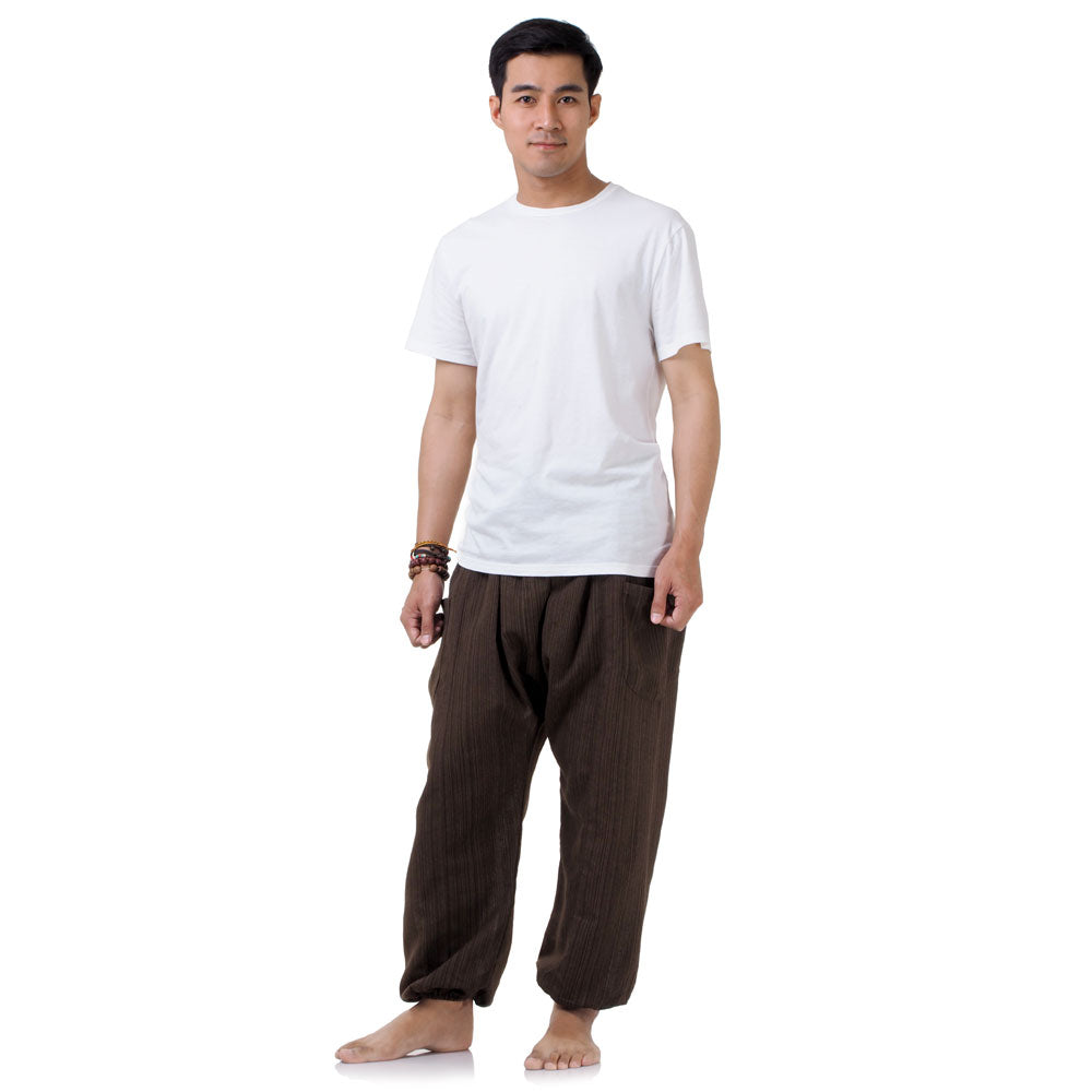 Front view of the Men's Pinstripe Harem Pants Mahogany Brown, handcrafted in the heart of Thailand.