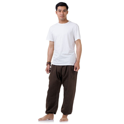 Front view of the Men's Pinstripe Harem Pants Mahogany Brown, handcrafted in the heart of Thailand.