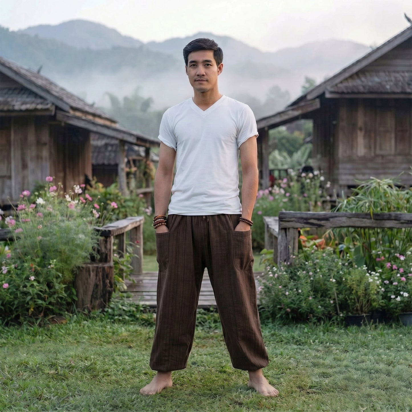 Male model in Mahogany Brown pinstripe pants standing in a park, reflecting an earthy aesthetic.