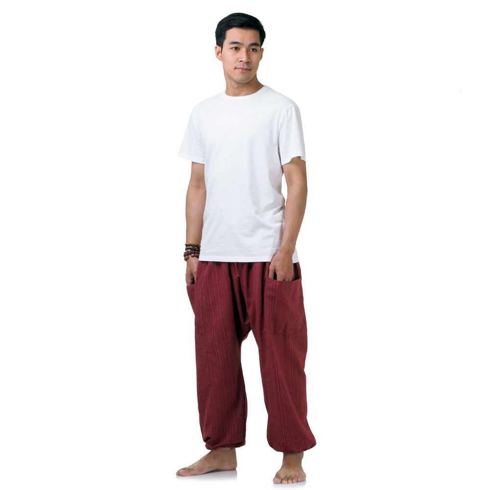 Front view of the Men's Pinstripe Harem Pants Mystic Maroon in a deep, warm red hue.