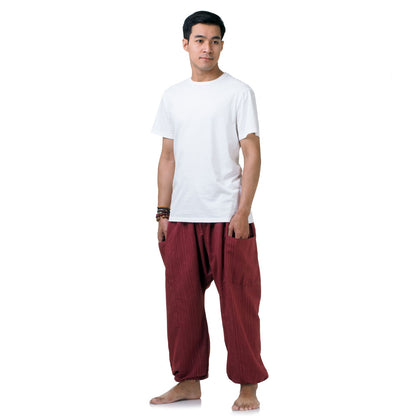 Front view of the Men's Pinstripe Harem Pants Mystic Maroon in a deep, warm red hue.