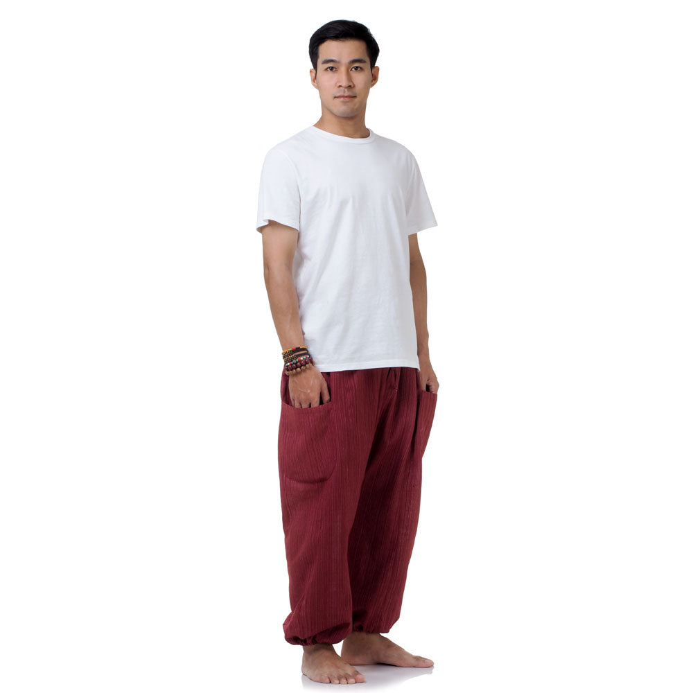 Side profile of the Mystic Maroon pants, showing the flattering and comfortable wrap-around effect.