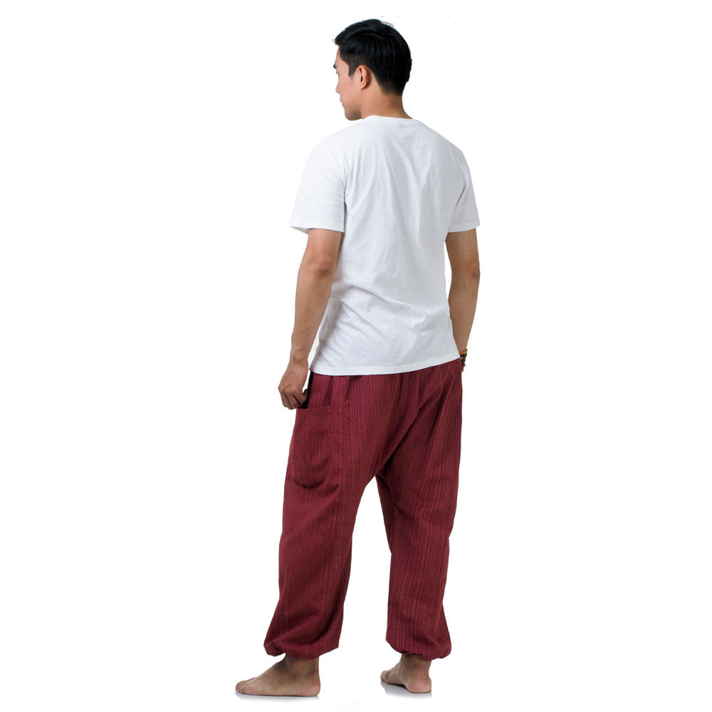 Rear view of the Mystic Maroon pinstripe harem pants, emphasizing the high-quality cotton texture.