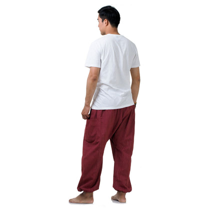 Rear view of the Mystic Maroon pinstripe harem pants, emphasizing the high-quality cotton texture.