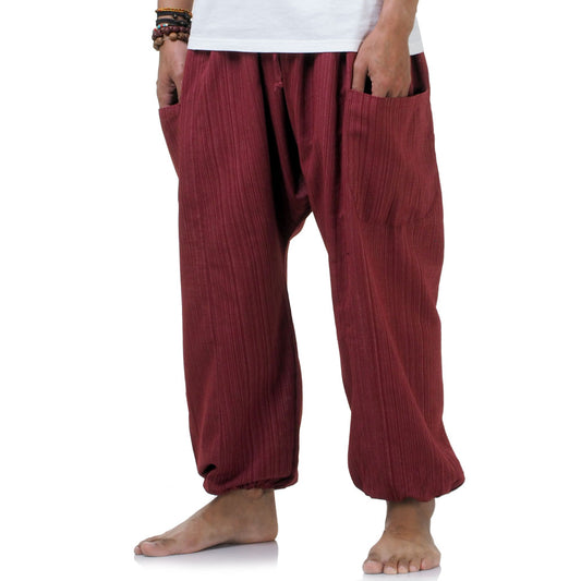 Detailed view of the rich Mystic Maroon pinstripe fabric, handcrafted by local Thai artisans.