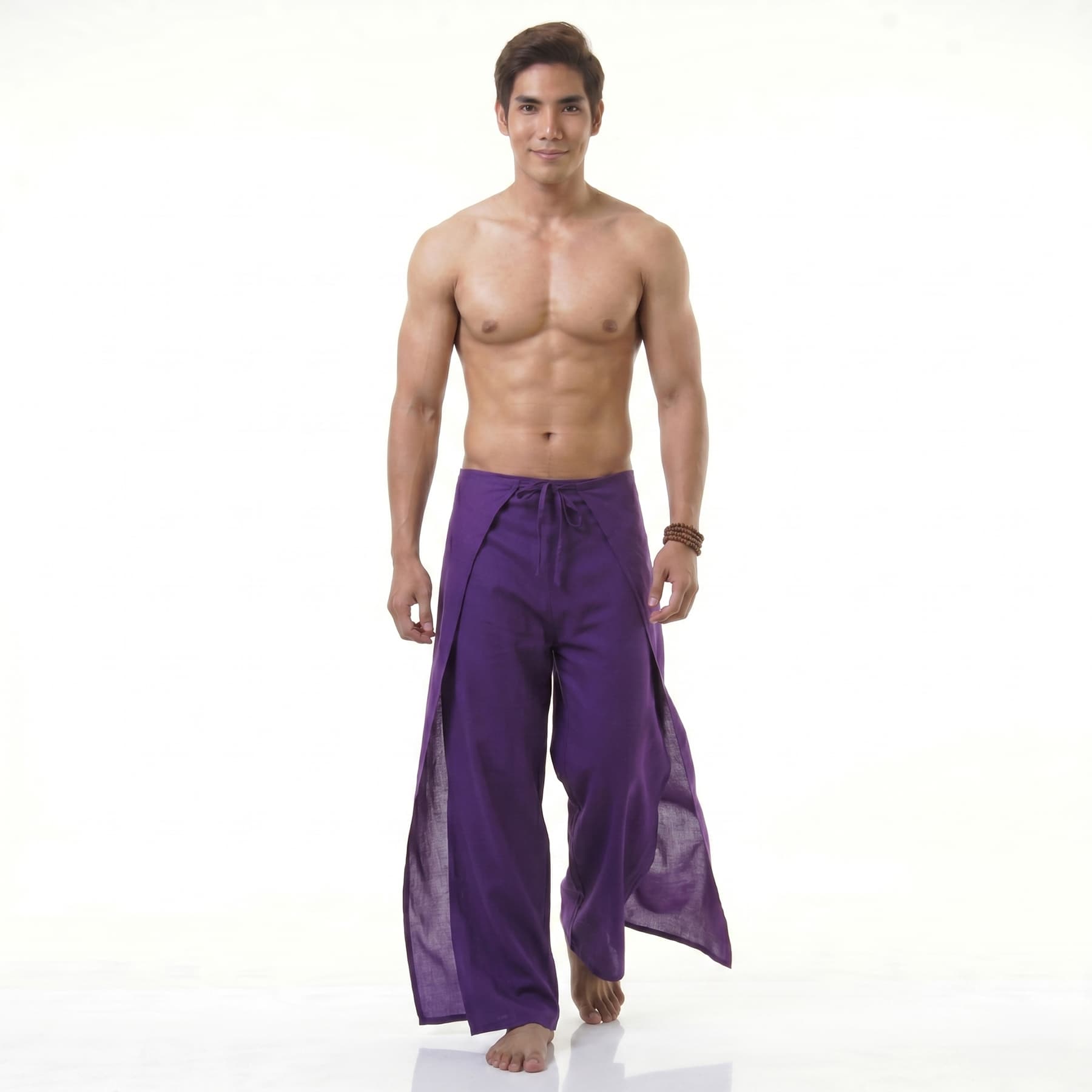 Front view of the purple wrap pants for men, perfect for yoga, meditation, or casual wear.