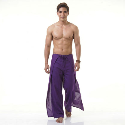 Front view of the purple wrap pants for men, perfect for yoga, meditation, or casual wear.
