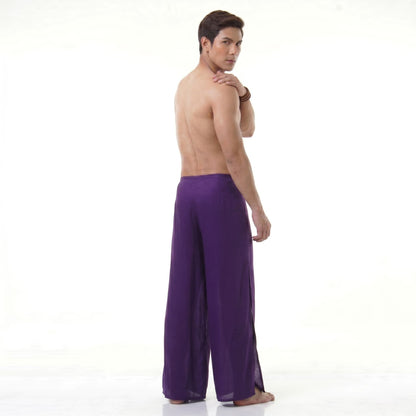 Rear view of the purple Men's Fisherman pants, displaying the airy and relaxed drape.