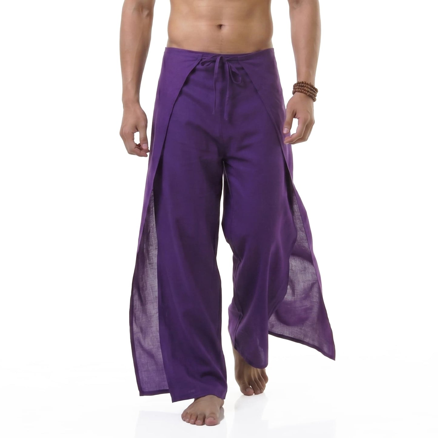 Close-up of the purple Men's Thai wrap pants, showcasing the durable handcrafted vegan bamboo rayon material.