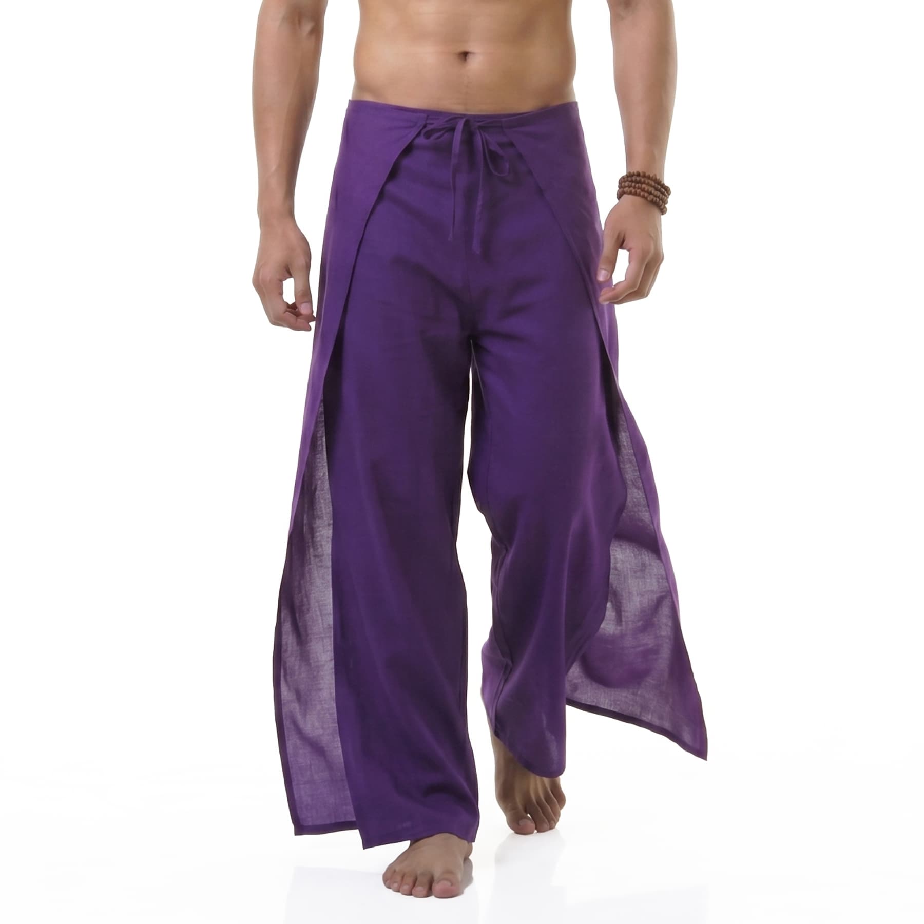 Close-up of the purple Men's Thai wrap pants, showcasing the durable handcrafted vegan bamboo rayon material.