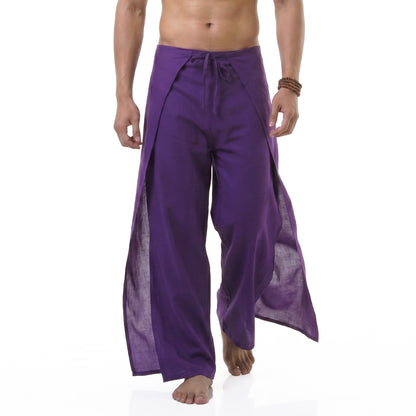 Close-up of the purple Men's Thai wrap pants, showcasing the durable handcrafted vegan bamboo rayon material.