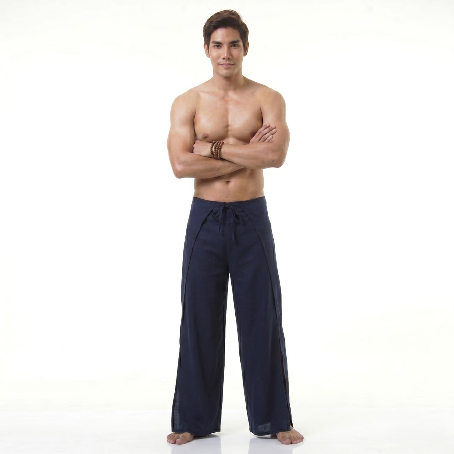 Front view of the blue Thai Fisherman pants for men, designed as a free-size adjustable wrap skirt alternative.
