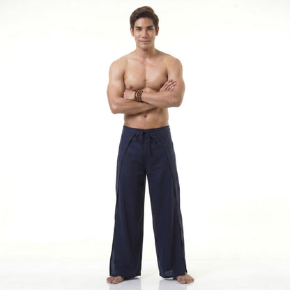 Front view of the blue Thai Fisherman pants for men, designed as a free-size adjustable wrap skirt alternative.