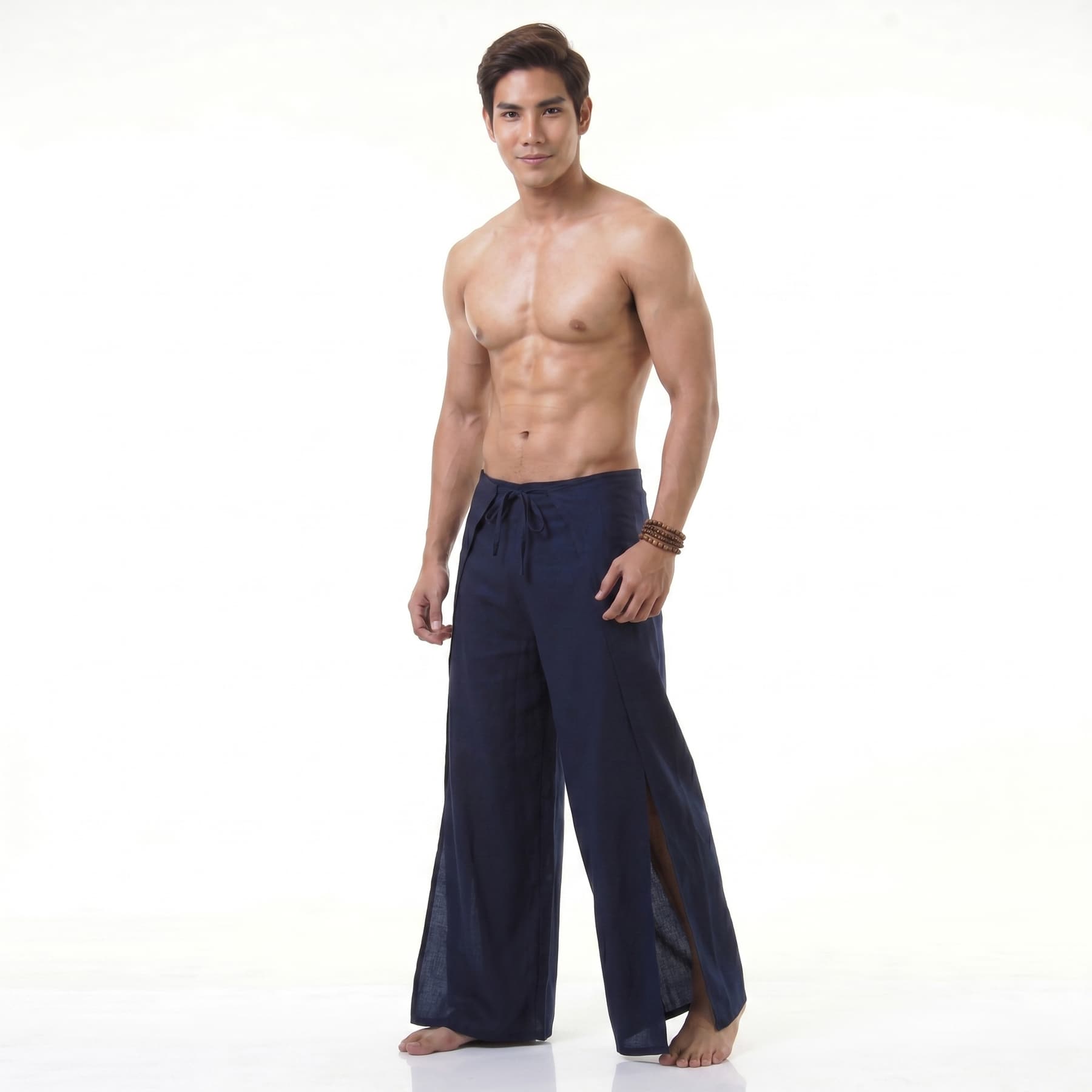 Side profile of the blue wrap pants for men, highlighting the loose wide-leg design.