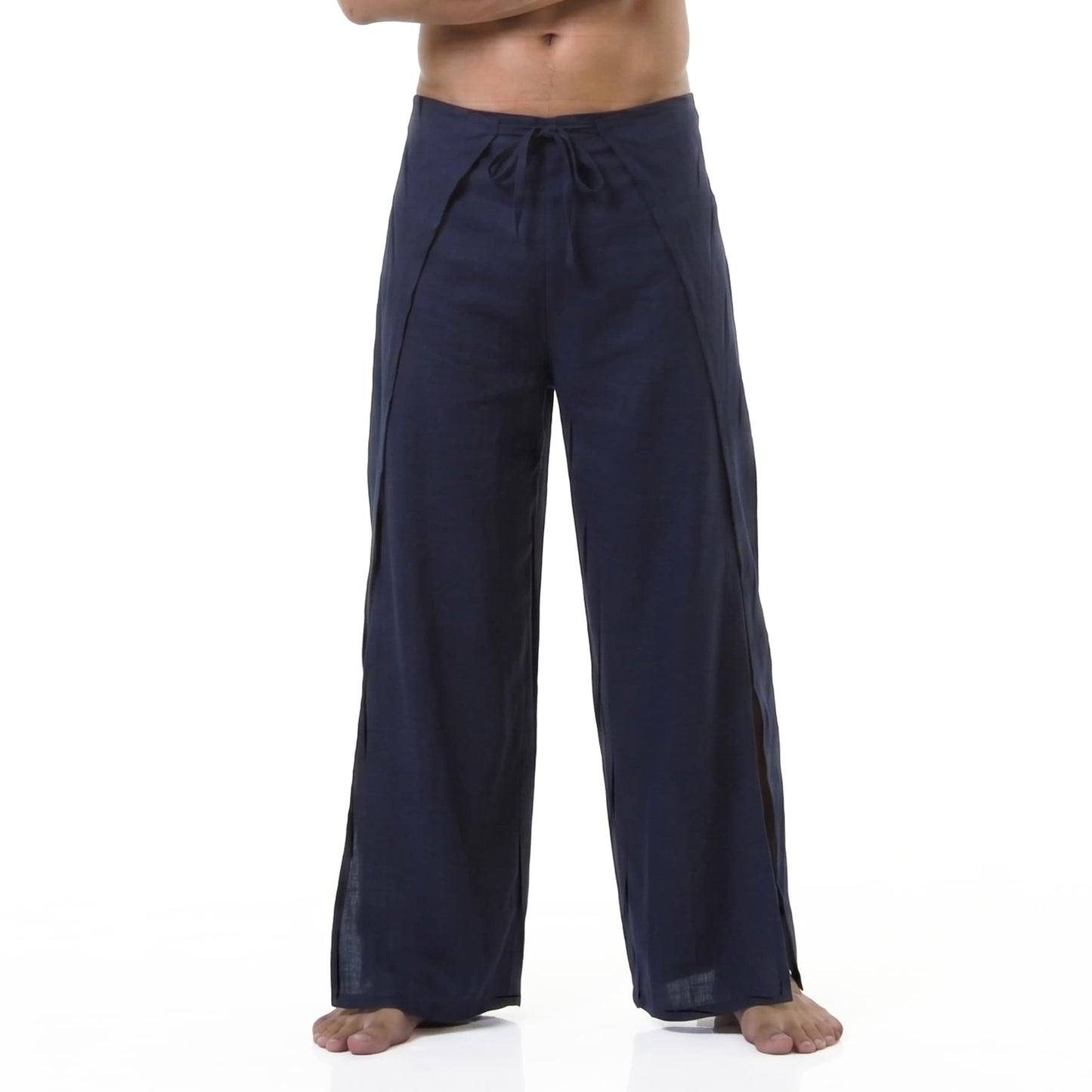 Close-up detail of the deep blue Men's Thai wrap pants, made from silky bamboo rayon that matches the sea.