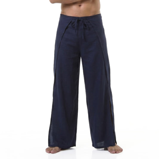 Close-up detail of the deep blue Men's Thai wrap pants, made from silky bamboo rayon that matches the sea.