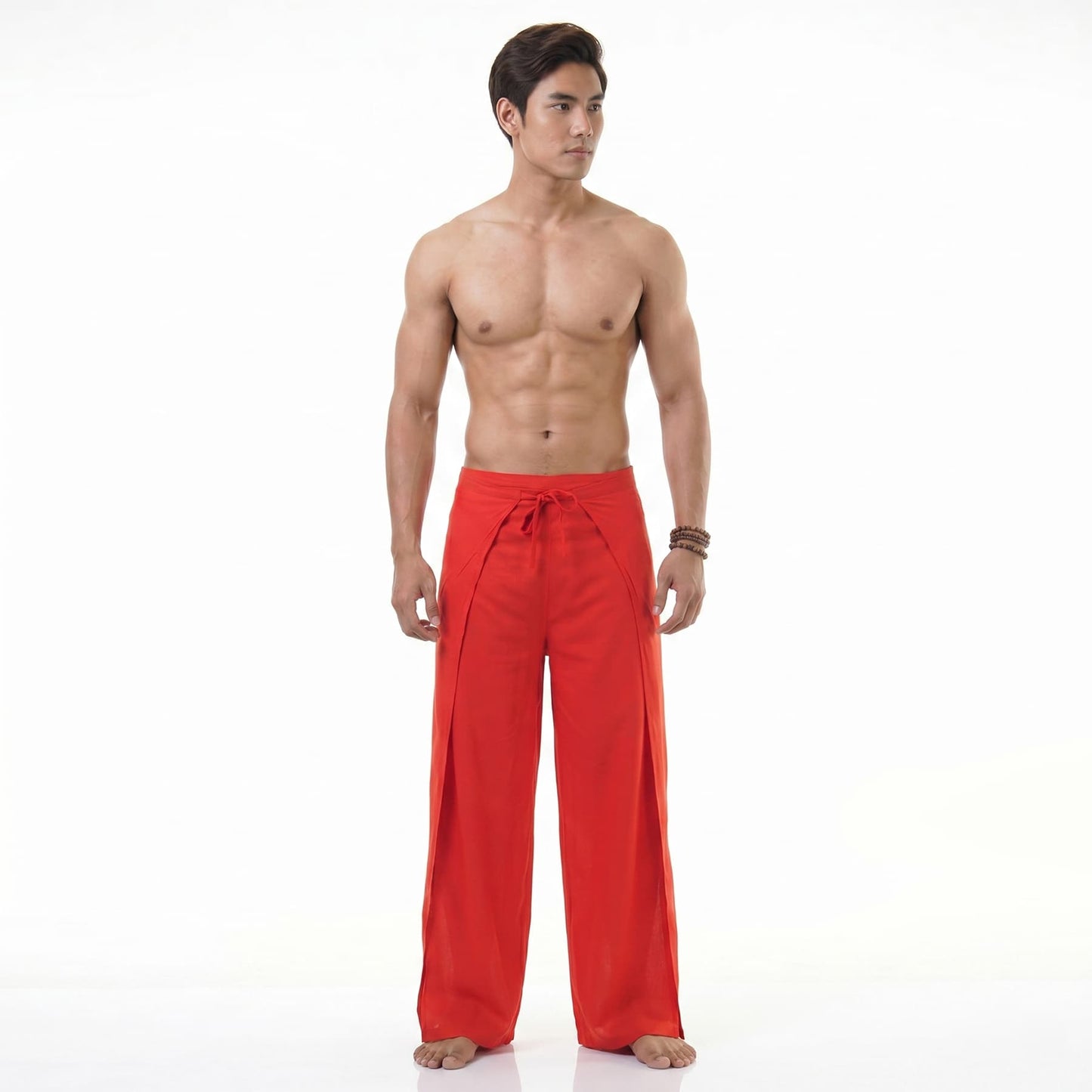 Front view of the red Thai wrap pants for men, featuring a traditional adjustable folding waistband.