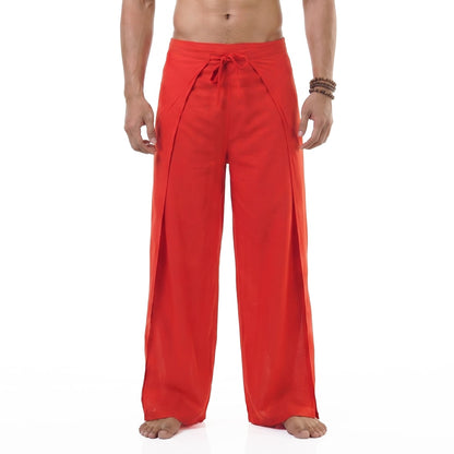 Detailed close-up of the red Men's Thai Fisherman pants fabric, handcrafted from silky vegan bamboo rayon.
