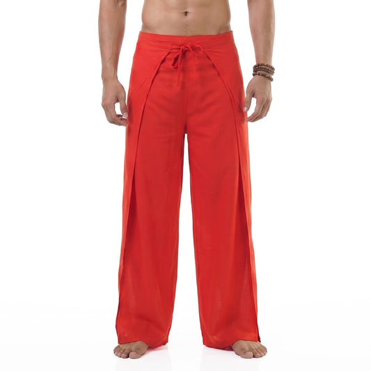 Detailed close-up of the red Men's Thai Fisherman pants fabric, handcrafted from silky vegan bamboo rayon.