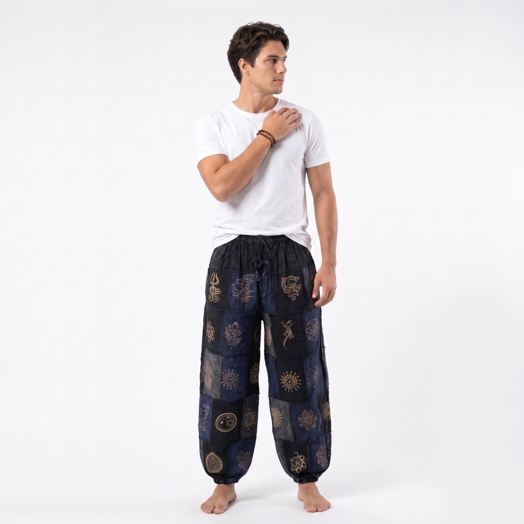 Front view of the Black Stonewashed Tribal Harmony Harem Pants Men's, a versatile staple for festival, yoga, or casual wear.