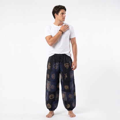 Front view of the Black Stonewashed Tribal Harmony Harem Pants Men's, a versatile staple for festival, yoga, or casual wear.